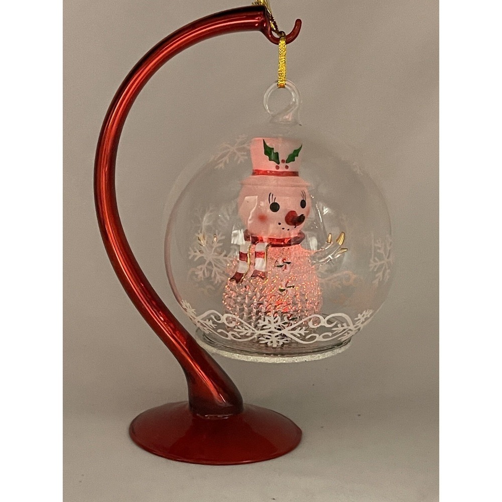 Vintage Sorelle Light Up LED Glass Hand Blown Snowman Globe Ornament + Red Stand